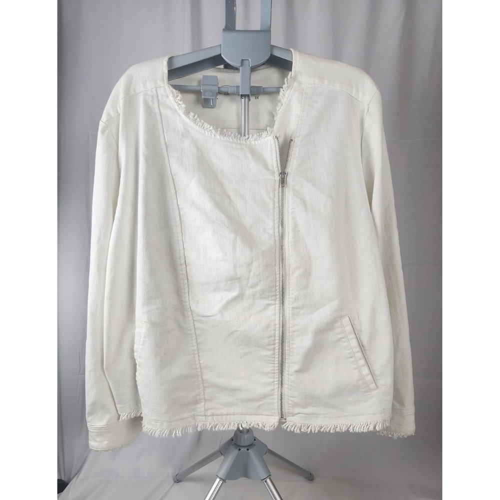 DG2 Diane Gilman White Denim Frayed Moto Jacket Womens 3X Asymmetric Zip